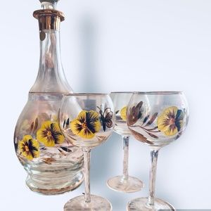 Vintage Midcentury Romanian Hand Painted Wine Decanter 3 Glasses